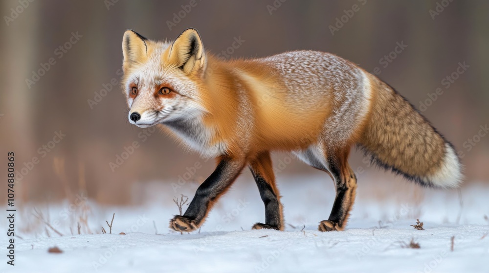 Fototapeta premium A graceful red fox walks through a snowy landscape, showcasing its vibrant fur and keen posture in a serene natural setting.