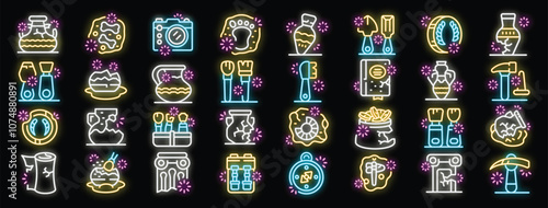 Neon icons glowing with vibrant colors depict various archaeological tools, fossils, pottery, and artifacts, symbolizing the discovery of ancient civilizations