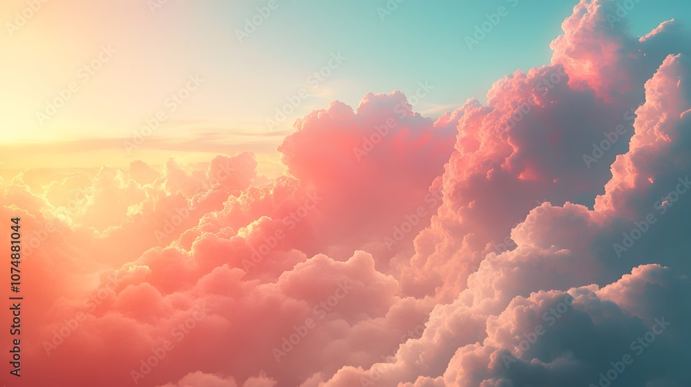 Ethereal sunset skyscape displaying pastel gradient from turquoise to coral pink with wispy clouds, creating serene and dreamy atmospheric scene. Ethereal sunset skyscape displaying pastel gradient from turquoise to coral pink with wispy clouds, creating serene and dreamy atmospheric scene.