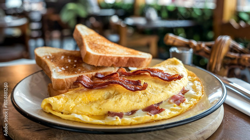 Delicious breakfast plate with fluffy omelet and crispy bacon on a rustic table setting in a cozy restaurant background, perfect for food and lifestyle visuals. 