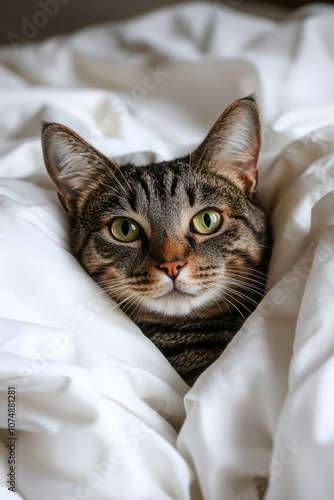 Cute tabby cat relaxing in bed poking its head from under the covers.