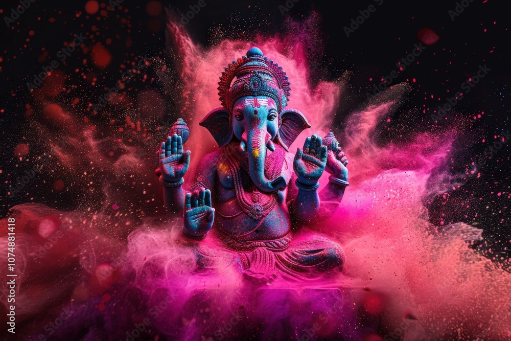 Fototapeta premium Ganesha Statue in Pink and Blue Holi Powder