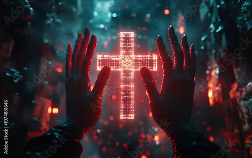 Wallpaper Mural Hands reaching for the sky with a glowing cross in the background, illuminated by the light of a sunrise, generative AI, sacred and uplifting atmosphere Torontodigital.ca