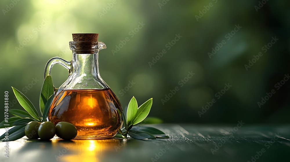 Premium olive oil in glass bottle with fresh olives and leaves against soft mint background, showcasing golden liquid with professional studio lighting. Premium olive oil in glass bottle with fresh olives and leaves against soft mint background, showcasing golden liquid with professional studio lighting.