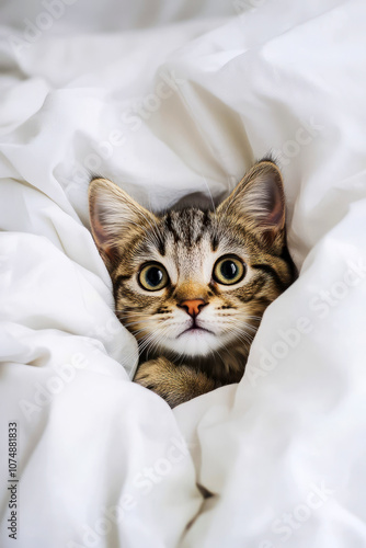 Cute tabby cat relaxing in bed poking its head from under the covers.