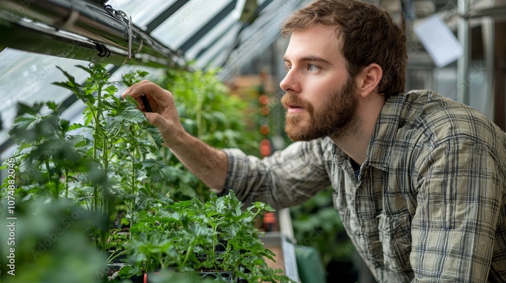 Young Man Tending to Green Plants in a Bright Greenhouse, Engaged in Horticultural Care and Cultivation of Fresh Vegetables in a Sustainable Environment Young Man Tending to Green Plants in a Bright Greenhouse, Engaged in Horticultural Care and Cultivation of Fresh Vegetables in a Sustainable Environment