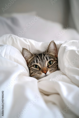 Cute tabby cat relaxing in bed poking its head from under the covers.