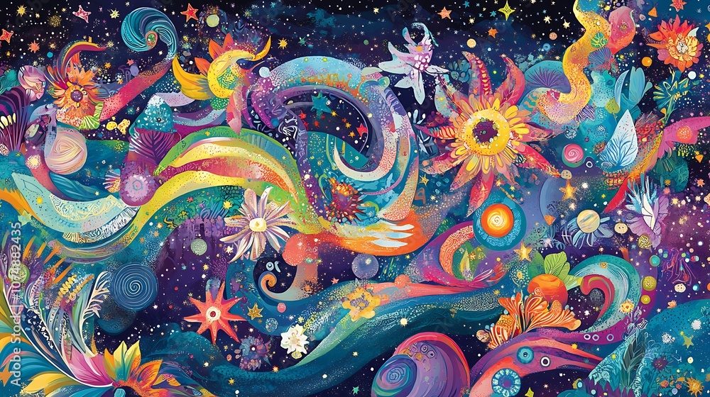 Abstract colorful illustration of a night sky with flowers, planets, and stars. Abstract colorful illustration of a night sky with flowers, planets, and stars.