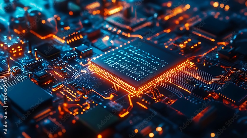 Glowing CPU on a circuit board. Glowing CPU on a circuit board.