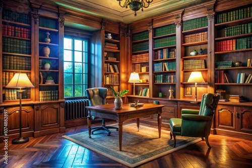 a library with a bookcase with a lamp on the table