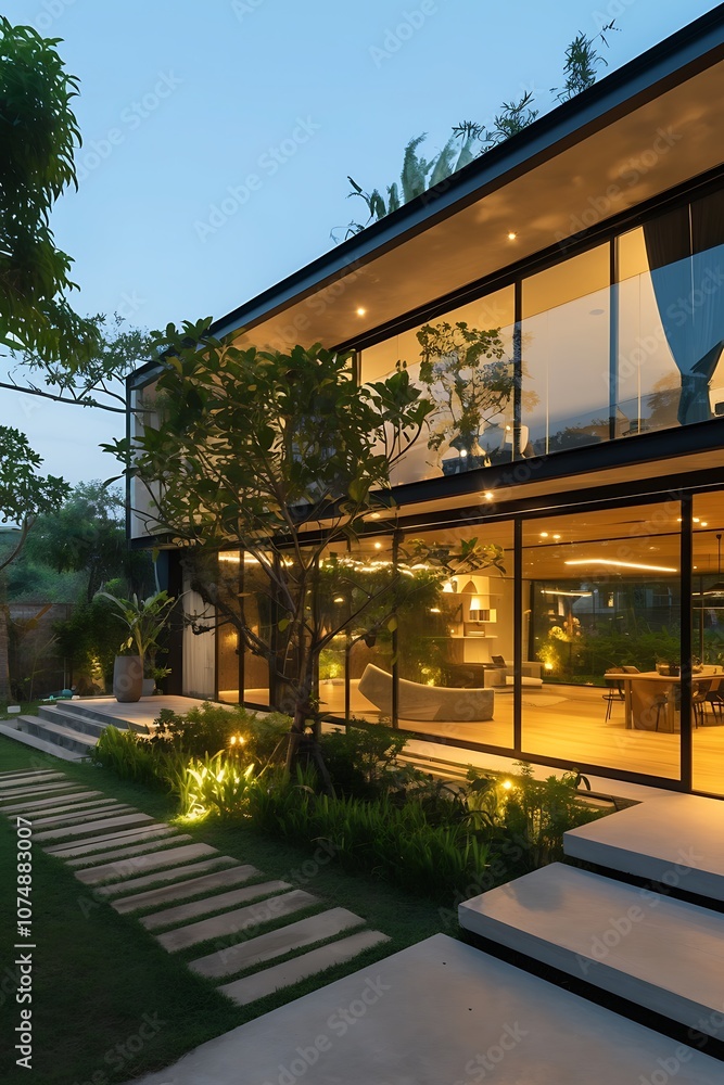 Modern Home with Glass Walls and Stone Pathway Modern Home with Glass Walls and Stone Pathway