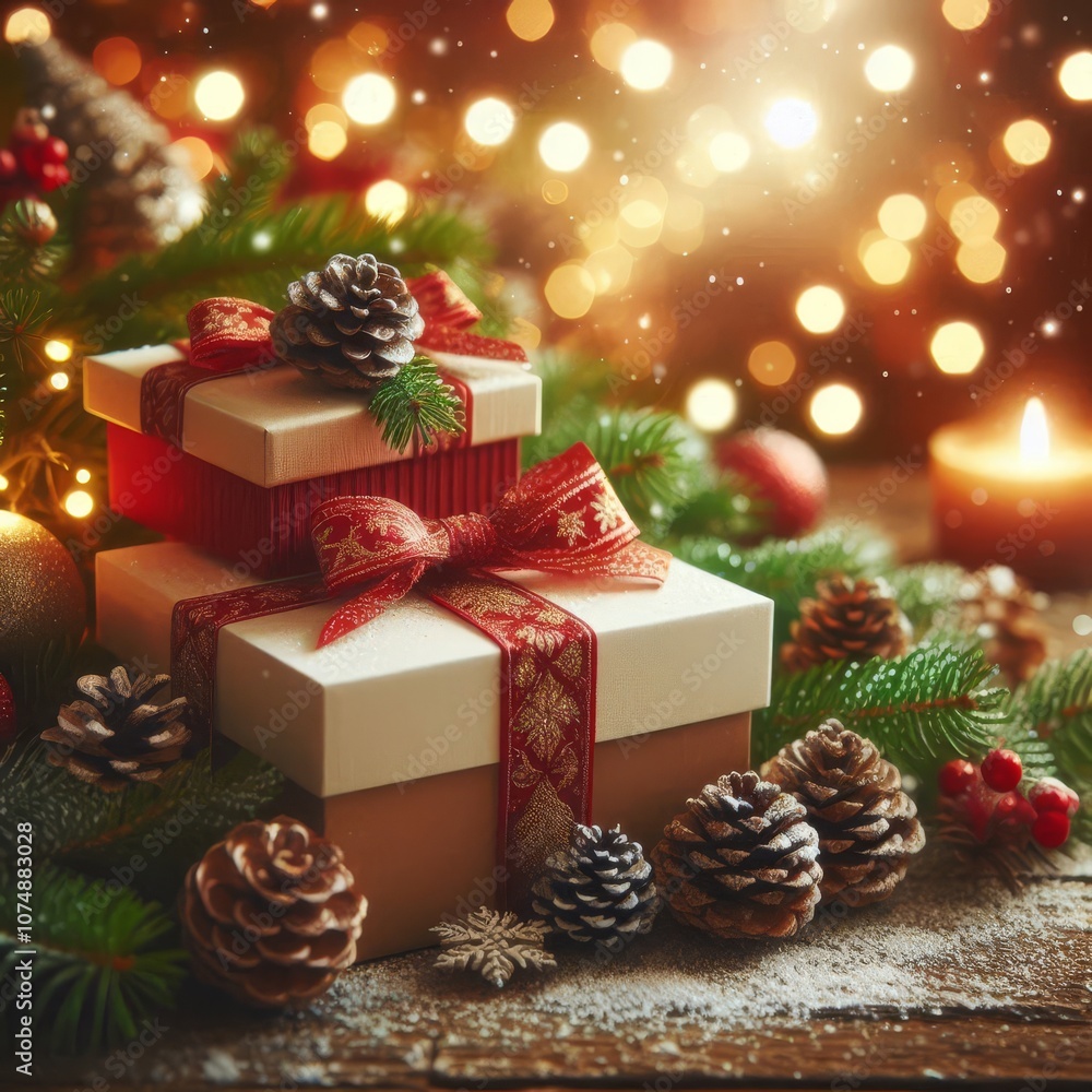 christmas and new year background - gift boxes and pine cones and branches on the background of bokeh garlands
christmas and new year background - gift boxes and pine cones and branches on the background of bokeh garlands
