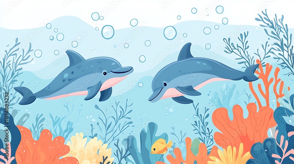 Two playful dolphins swimming in the ocean. Two playful dolphins swimming in the ocean.