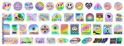 Set Of Y2k Holographic Colorful Stickers Set. Cool Collection Of Cute Pop Art Patches.