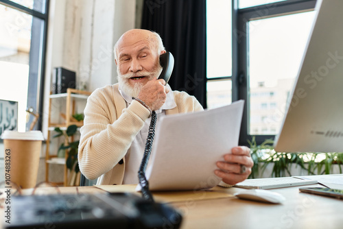 The senior businessman reviews documents while talking on the phone in a chic modern workspace.