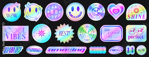 Cool Y2k Holographic Stickers Set. Collection of Vector Pop Art Patches Cyberpunk Style.