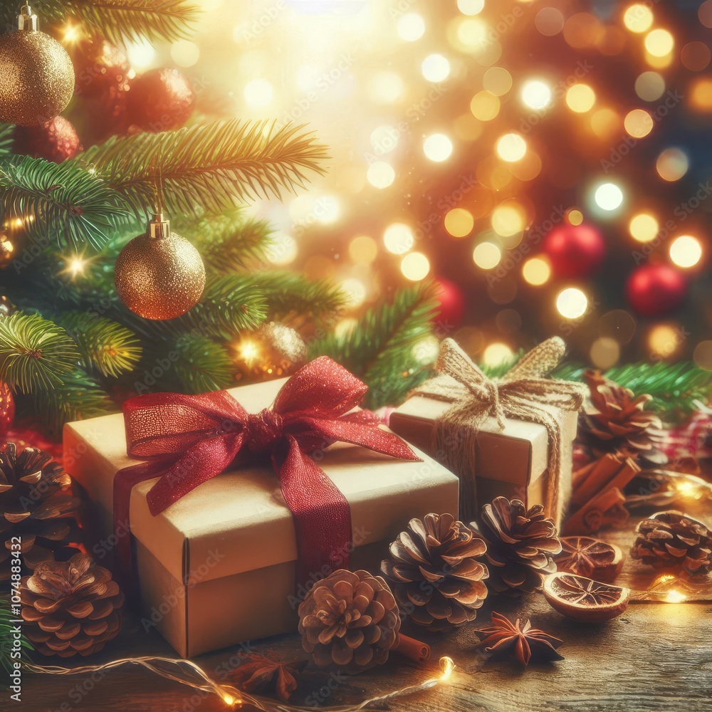 christmas and new year background - gift boxes and pine cones and branches on the background of bokeh garlands
christmas and new year background - gift boxes and pine cones and branches on the background of bokeh garlands