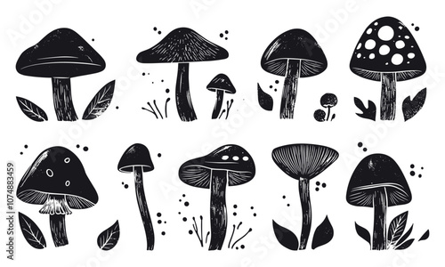 Mushrooms Hand-Drawn Linocut Grunge Texture Vector Set on White Background with Distressed Design Fungi Art Vintage Graphics Edible Mushrooms Collection Nature Icons Wild Harvest