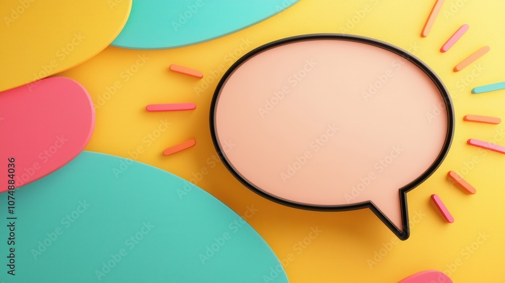 A colorful background with various shapes surrounds a blank speech bubble, ideal for messaging or creative communication. A colorful background with various shapes surrounds a blank speech bubble, ideal for messaging or creative communication.