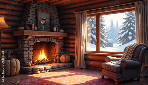 Cozy Room in Rustic Cottage with Fireplace and Armchair on Winter Day