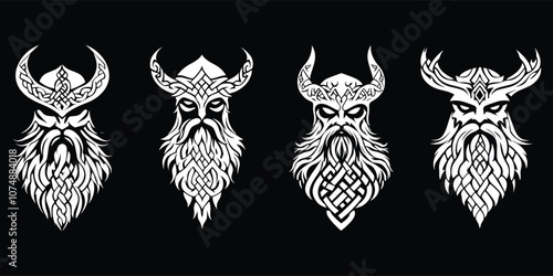 Set of Viking Warrior Heads with Knotwork Horned Helmets Norse Vector Art