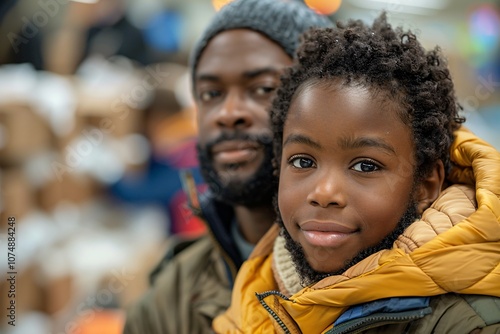 A father and his young son share a joyful moment in a lively store filled with holiday items. The father smiles proudly while the son beams with happiness, showcasing their strong bond