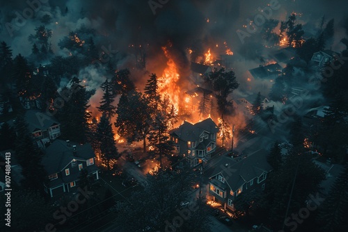 An intense wildfire consumes several homes in a neighborhood, with flames reaching towards the sky and thick smoke billowing