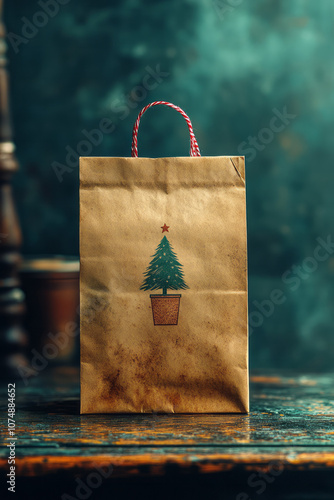 Minimalist paper bag with a tiny Christmas tree icon, adding holiday charm to fast-food packaging, photo