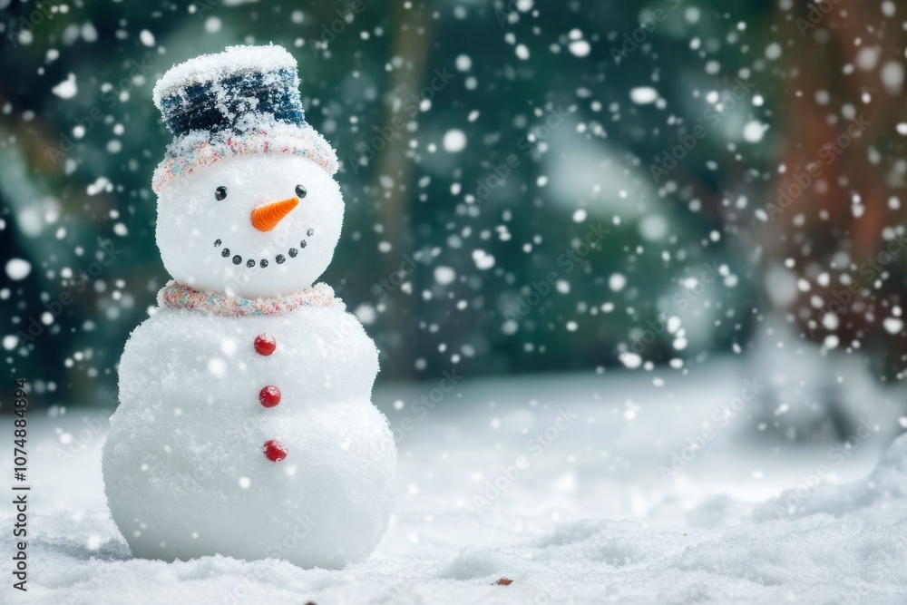 A cheerful snowman stands in a snowy landscape, surrounded by falling snowflakes. A cheerful snowman stands in a snowy landscape, surrounded by falling snowflakes.