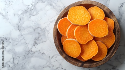 Sweet potatoes and sliced orange yams in rustic wooden bowl on white marble, styled for organic food photography with directional lighting. photo