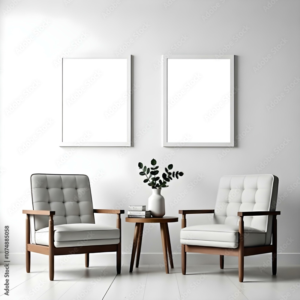 Two gray armchairs with wooden frames, a small wooden table between them, and two blank white frames on the wall above. Two gray armchairs with wooden frames, a small wooden table between them, and two blank white frames on the wall above.