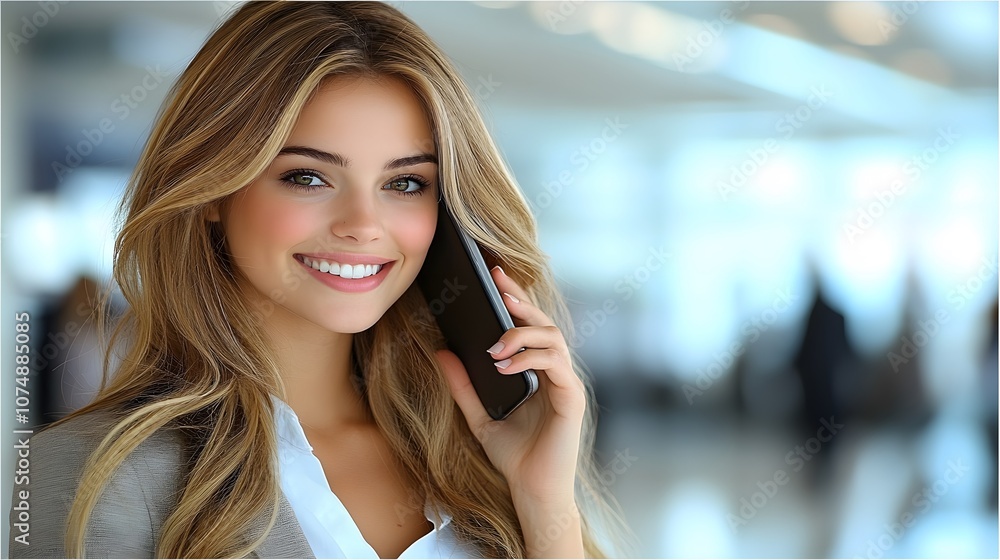 Professional talking on mobile phone, stylish office background, natural light, smiling Professional talking on mobile phone, stylish office background, natural light, smiling
