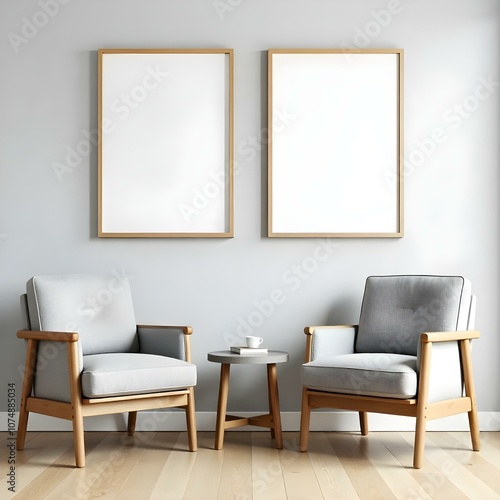 Two gray armchairs with wooden frames, a small wooden table between them, and two blank white frames on the wall above.