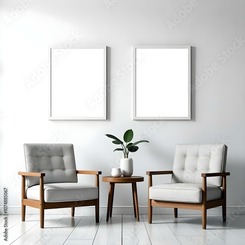 Two gray armchairs with wooden frames, a small wooden table between them, and two blank white frames on the wall above.