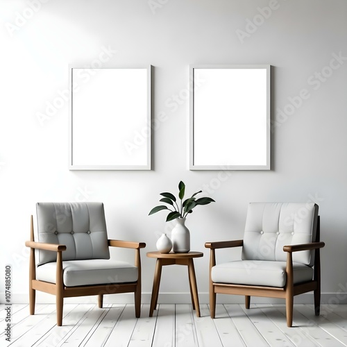 Two gray armchairs with wooden frames, a small wooden table between them, and two blank white frames on the wall above.