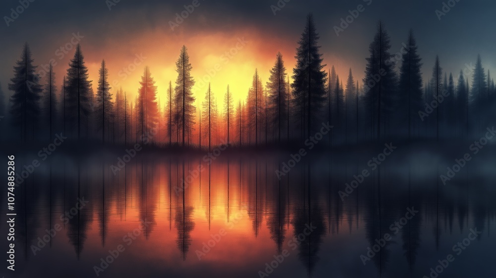 Misty forest at sunrise with reflections on a tranquil lake Misty forest at sunrise with reflections on a tranquil lake
