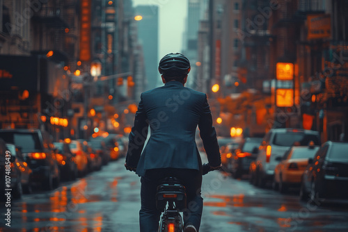 Businessman in a tailored suit, helmet secure, riding a bicycle in a vibrant city environment, capturing the balance of success and eco-conscious choices,