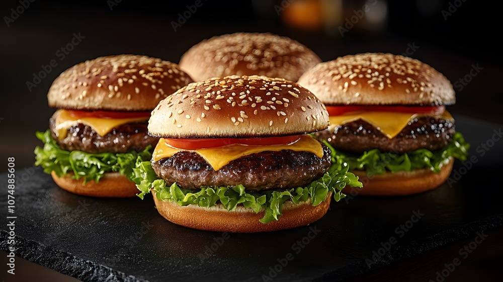 Three gourmet beef burgers with fresh toppings on black marble surface, captured with moody lighting and dramatic shadows for upscale presentation. Three gourmet beef burgers with fresh toppings on black marble surface, captured with moody lighting and dramatic shadows for upscale presentation.