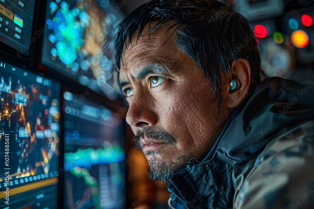 A technician intensely analyzes various data displays in a control room during the night A technician intensely analyzes various data displays in a control room during the night