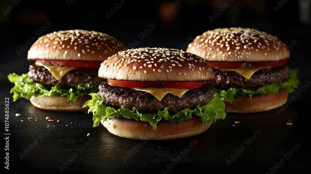 Three gourmet beef burgers with fresh toppings on black marble surface, captured with moody lighting and dramatic shadows for upscale presentation. Three gourmet beef burgers with fresh toppings on black marble surface, captured with moody lighting and dramatic shadows for upscale presentation.