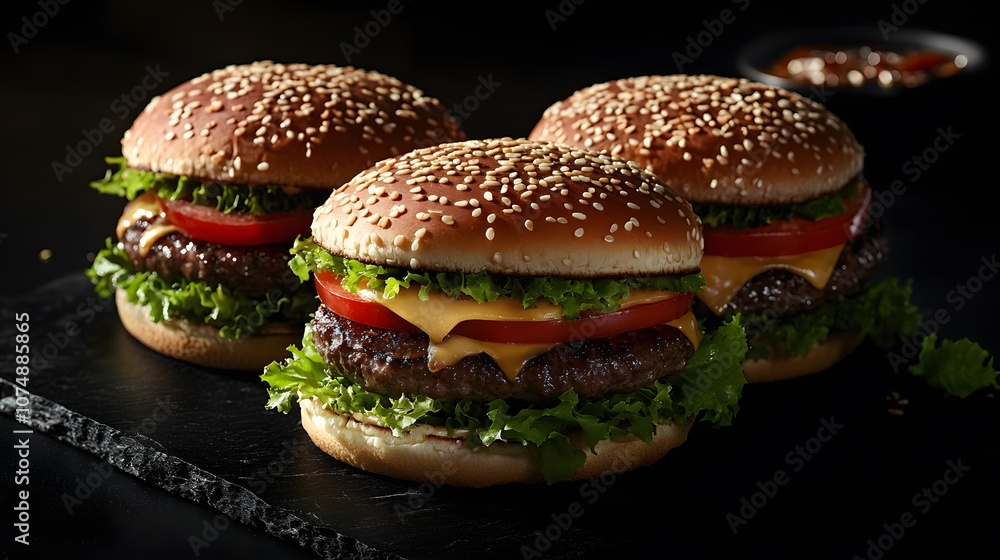 Three gourmet beef burgers with fresh toppings on black marble surface, captured with moody lighting and dramatic shadows for upscale presentation. Three gourmet beef burgers with fresh toppings on black marble surface, captured with moody lighting and dramatic shadows for upscale presentation.