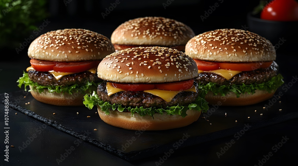 Three gourmet beef burgers with fresh toppings on black marble surface, captured with moody lighting and dramatic shadows for upscale presentation. Three gourmet beef burgers with fresh toppings on black marble surface, captured with moody lighting and dramatic shadows for upscale presentation.