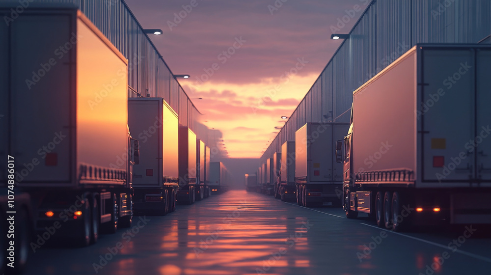 Minimal 3D Render of Distribution Center with Trucks Ready for Loading and Delivery at Sunset Minimal 3D Render of Distribution Center with Trucks Ready for Loading and Delivery at Sunset