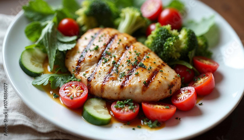 Plated weight-loss meal with grilled chicken and colorful veggies for a balanced diet. photo