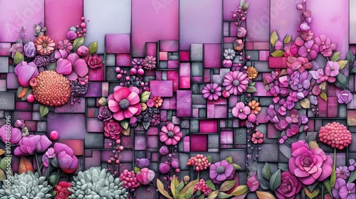 beautiful background with geometrical forms and flowers, main colors are pink, violet and purple