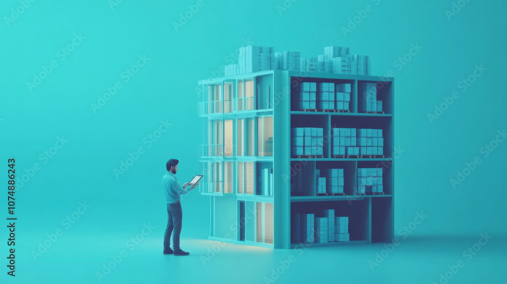 Modern 3D Rendered Cityscape with Logistics Coordinator Adjusting Inventory Allocation on Digital Modern 3D Rendered Cityscape with Logistics Coordinator Adjusting Inventory Allocation on Digital