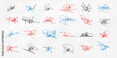 Handwritten Collection of Fake Scribble Signature in Ink. Handwritten set of inked autographs. Collection of imaginary scribble signatures. 