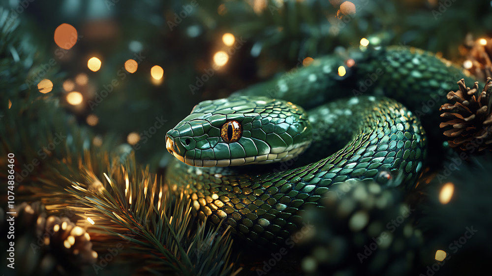 Green snake in holiday decor Green snake in holiday decor