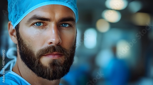 Focused doctor in operating theater, surgical lights illuminating, fully prepped for procedure