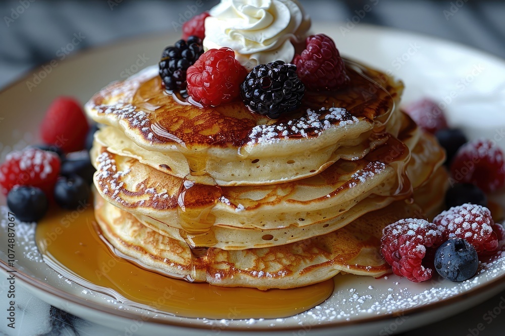 A Stack of Buttery Pancakes Topped with Whipped Cream and Fresh Berries A Stack of Buttery Pancakes Topped with Whipped Cream and Fresh Berries